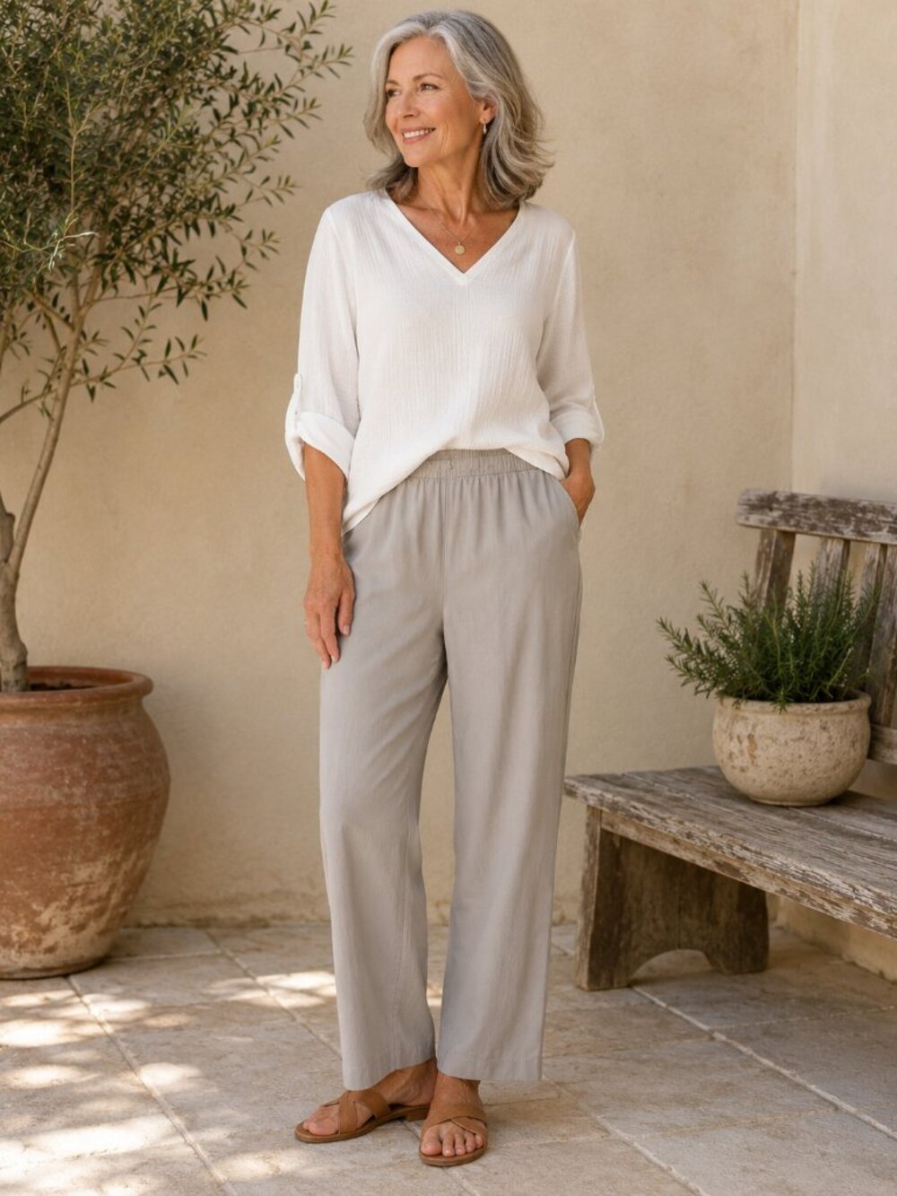 Pure Jill XL Tencel Lyocell Pull On Pants Beige Relaxed Wide Leg Casual